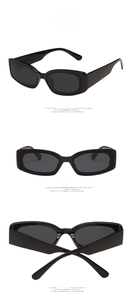 Three-view set of black rectangle sunglasses with high-gloss finish and dark lenses
