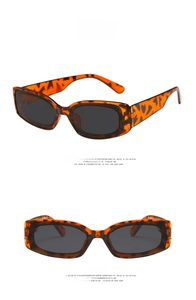 Detailed front and side views of rectangular leopard print retro sunglasses