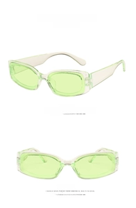 Detail view of transparent green rectangle sunglasses with retro 45-degree side and front view