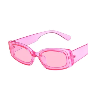 Retro Y2K translucent pink rectangular sunglasses with wide frame for hip-hop style