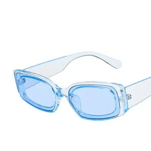 Retro rectangle sunglasses with transparent blue frames and matching blue lenses