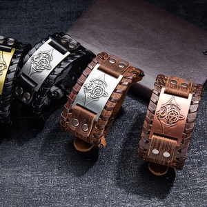 Vintage wide leather bracelets with Nordic Celtic metal charms in black and brown colors