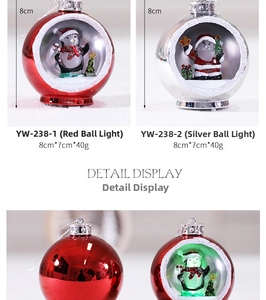 Detail of 8cm glowing Christmas ball ornament with snowman and festive glitter decoration