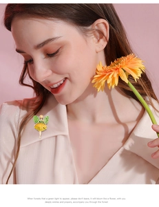 Detailed view of forest fairy brooch with yellow dress and green wings on a sweater