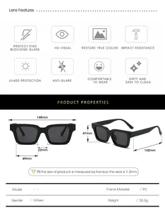 Size chart showing dimensions for square frame sunglasses with UV400 protection features
