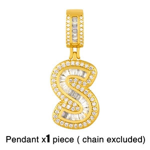 Macro view of gold-plated letter S pendant with iced-out cubic zirconia stones