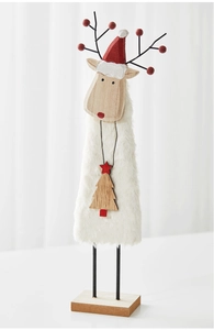 Detailed view of Nordic felt reindeer ornament with plush fur and wooden base