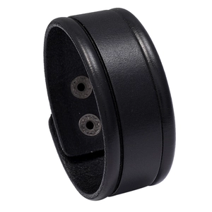Minimalist black wide leather bracelet with adjustable double metal snap buttons