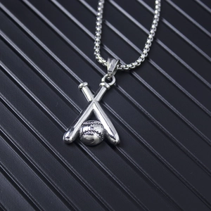 Silver stainless steel hiphop necklace featuring crossed baseball bats and ball pendant