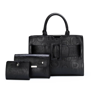 Black 3-piece set of embossed letter handbags with a large tote and matching wallets