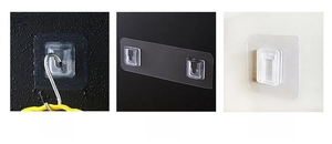 Detail showing transparent adhesive hooks in single, double, and I-shaped mount options