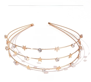 Detailed view of a triple-layered gold headband with rhinestones and metal stars