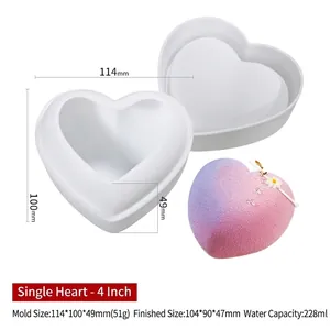 Detail view of a 4-inch heart silicone cake mold with dimensions and finished mousse cake