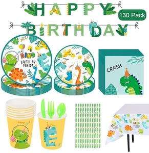Detailed 130-pack set of cartoon dinosaur party tableware and birthday decorations