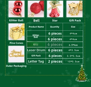 Christmas tree decoration set including shiny balls, bells and gift box pendants with sizes