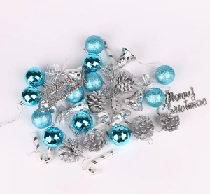 Blue and silver Christmas tree ornament set including bells, pine cones and Merry Christmas sign