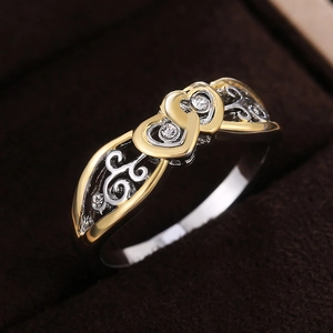 Double Heart Interlocking Ring Copper Zircon Two Tone Gold Silver Filigree Hollow Fashion Jewelry For Women