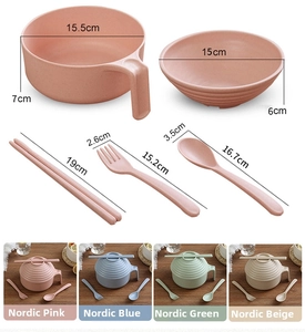 Detailed size measurement chart for wheat straw noodle bowl with portable utensils