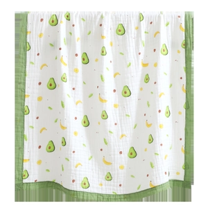Soft cotton muslin baby swaddle blanket with avocado and banana prints and green edges