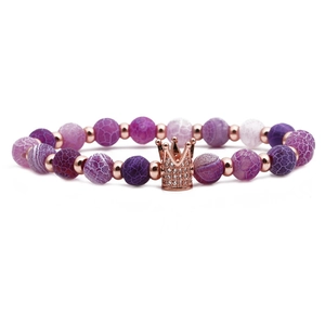 Purple agate beaded bracelet with rose gold crown charm and crystals on white background