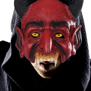 Realistic red devil cosplay mask with black horns and fangs for Halloween party costumes