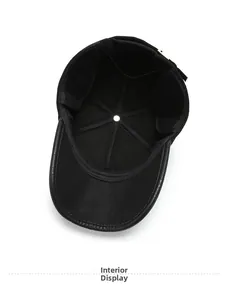 Macro view of the internal six-panel structure and reinforced seams of this black winter cap