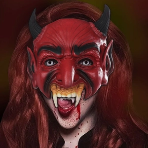 Red scary demon mask with black horns and white fangs for Halloween cosplay parties