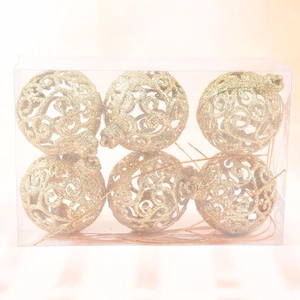 Set of 6 gold glitter hollow Christmas ball ornaments with swirl patterns in a clear box