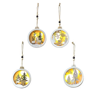 Set of 4 lighted wooden Christmas elk ornaments with LED silhouettes for tree decor