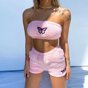 Ensemble Femme Sexy Pelucheux avec Broderie Papillon Haut et Bas Polyester Été Streetwear Short Fourrure