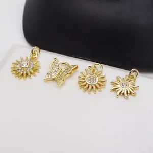 Gold butterfly and sun pendants with micro-set zircon for DIY necklaces or bracelets