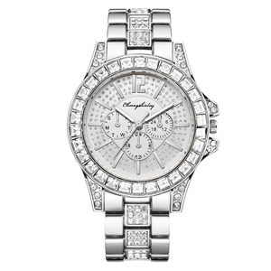 Women's full crystal stainless steel watch with three sub-dials and silver band