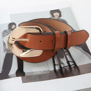 Classic brown leather belt for women featuring a large polished gold irregular buckle
