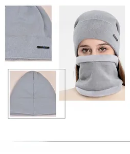Détails de l'ensemble bonnet en tricot et cache-col en polaire gris clair pour l'hiver