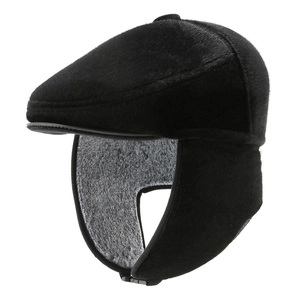 Winter thermal newsboy cap for men with warm ear flaps and fleece lining in black