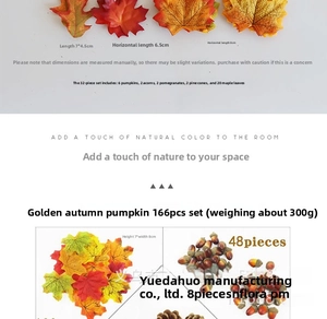 Close-up of autumn decor set with lifelike pumpkins, pinecones, and colorful maple leaves
