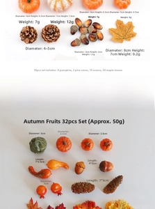 Detailed size specifications for Halloween pumpkin, pine cone and maple leaf decor sets
