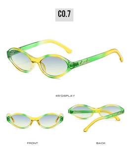 Detailed multi-angle view of vintage cat-eye sunglasses with yellow-green gradient frames