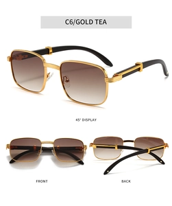 Three-angle view of vintage rectangle sunglasses with gold metal frame and tea lenses