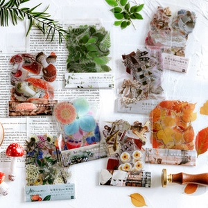 Detail of floral and botanical PET transparent stickers for DIY scrapbooking journaling