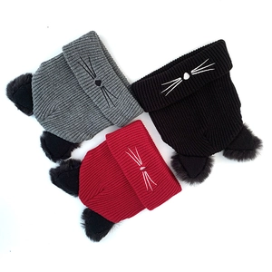 Cute Cat Ear Knit Beanie For Women Winter Warm Plush Fur Ears Embroidered Cat Face Pullover Hat Fashion Ribbed Skull Cap
