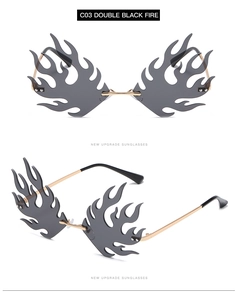 Close-up of C03 black fire sunglasses with frameless gold metal legs for party look
