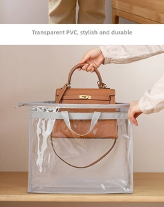 Detailed view of placing a brown leather bag into a transparent PVC dustproof storage case