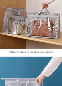 Detail of transparent PVC handbag dust bag with grey trim and zipper for closet storage
