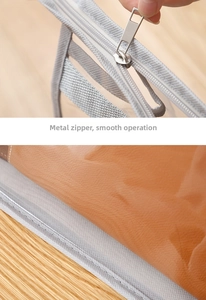 Detail of smooth metal zipper and transparent waterproof PVC fabric on the handbag organizer