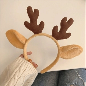 Serre-tête mignon en peluche avec bois de renne pour Noël et oreilles douces marron