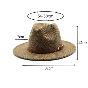 Detailed size chart of a classic brown plaid fedora hat with a leather decorative band