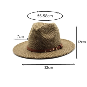 Detailed dimensions of brown plaid wool jazz fedora with leather band and golden rivets