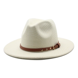 Plaid wool fedora hat in beige with brown leather band and gold stud detailing