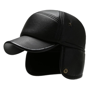 Winter faux leather baseball cap for elderly men with earflaps and thermal fleece lining